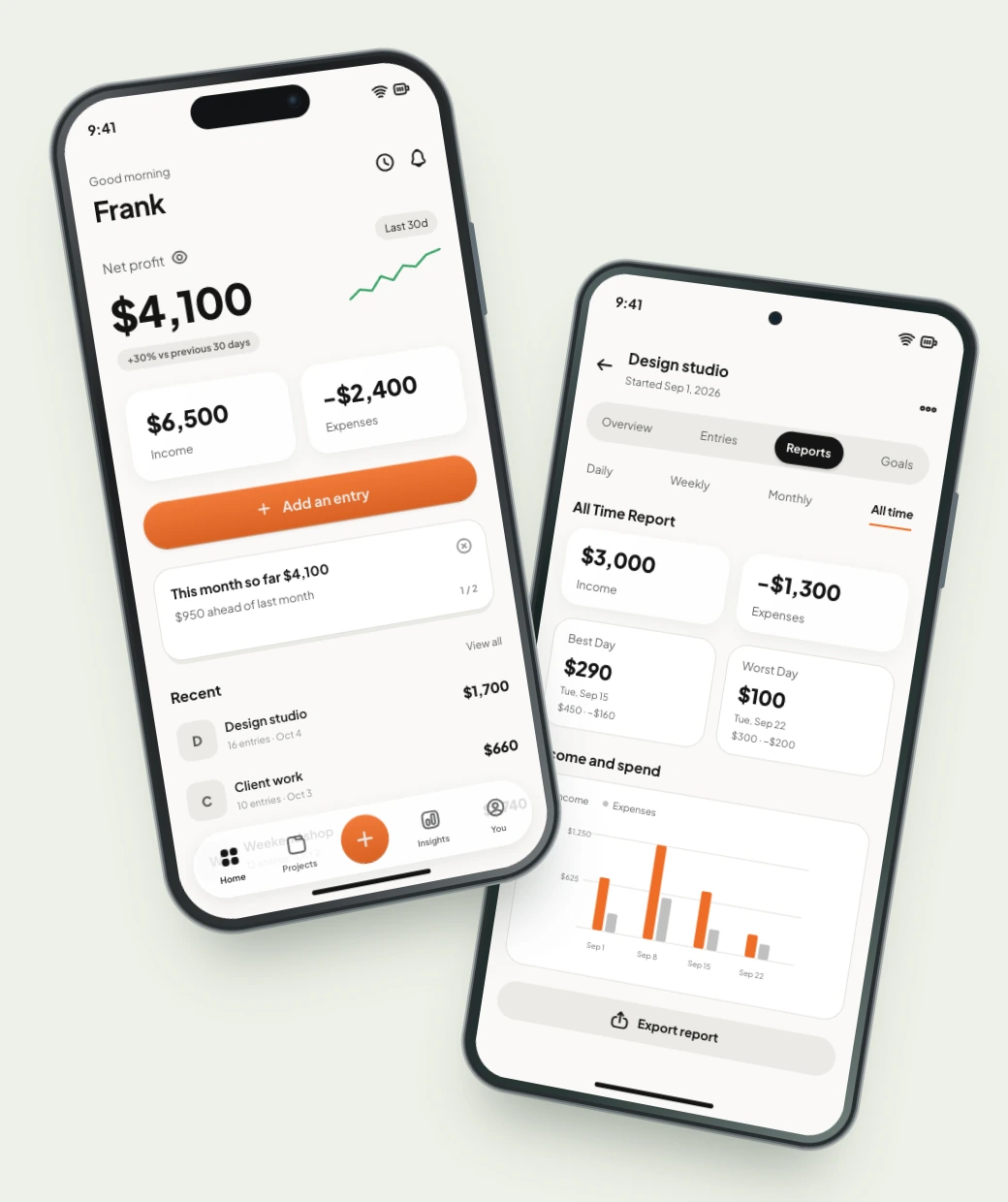 Rhydle Home on an iPhone beside project Reports on an Android phone